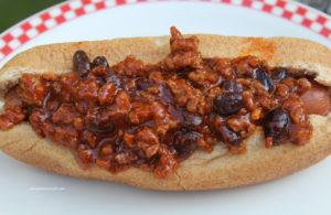 hot dog with black bean chili
