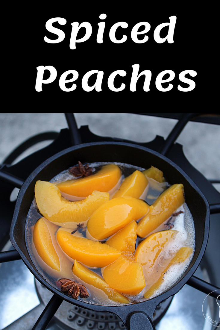 spiced peaches in skillet with title